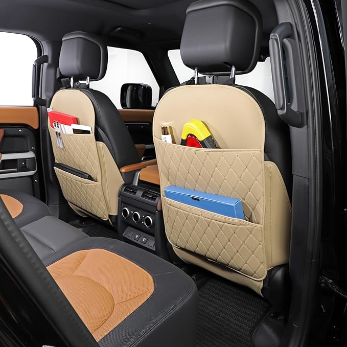 Seat Back Protector + Large Capacity Pocket Storage Organizer,Preventing The Impact of Children Stepping on The Seat Backrest (Style A-Beige)