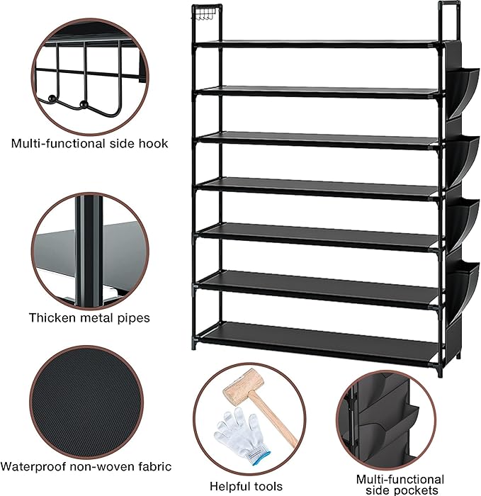 OYREL Large Capacity 7 Tier Shoe Rack, Black, 33.3in Wide x 11.2in Deep x 48.7in Tall, Holds 28-35 Pairs of Shoes, Ultra-Mini