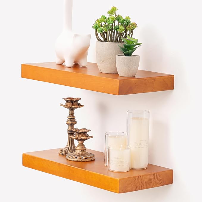 Marsmiles Wood Floating Shelves | Rustic Honey Oak Wall Shelves Set of 2 | 16" W x 7.7" D x 1.6" H Wooden Shelves for Bathroo
