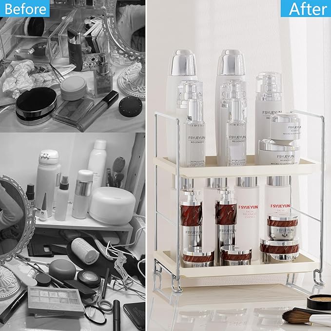 FSyueyun 2-Tier Bathroom Countertop Organizer, Tool-Less Installation Premium Plastics Makeup Shelf Organizer Perfume Skincar