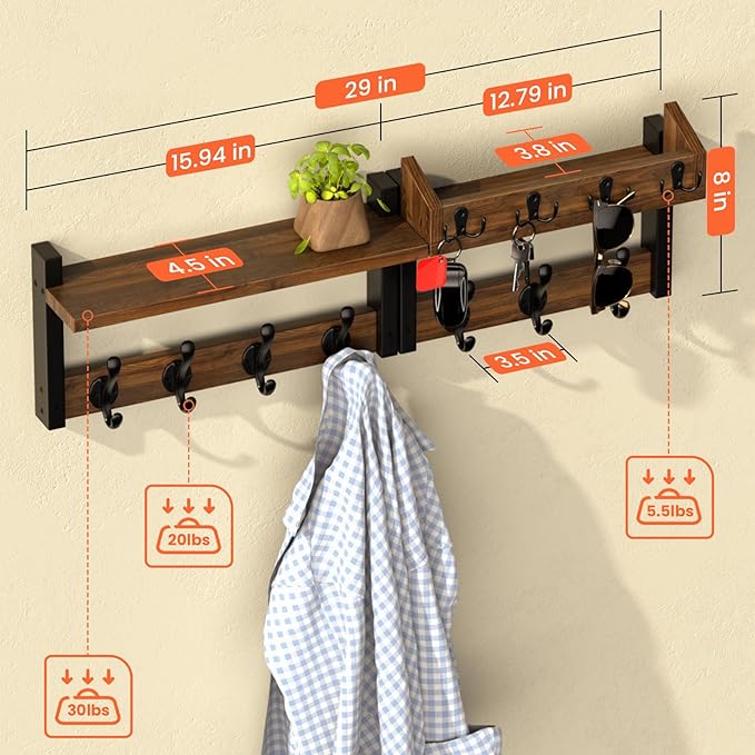 29'' Rustic Coat Rack Wall Mount with Shelf, Solid Wood Coat and Key Hanger with 11 Metal Hooks, Farmhouse Wall Organizer for