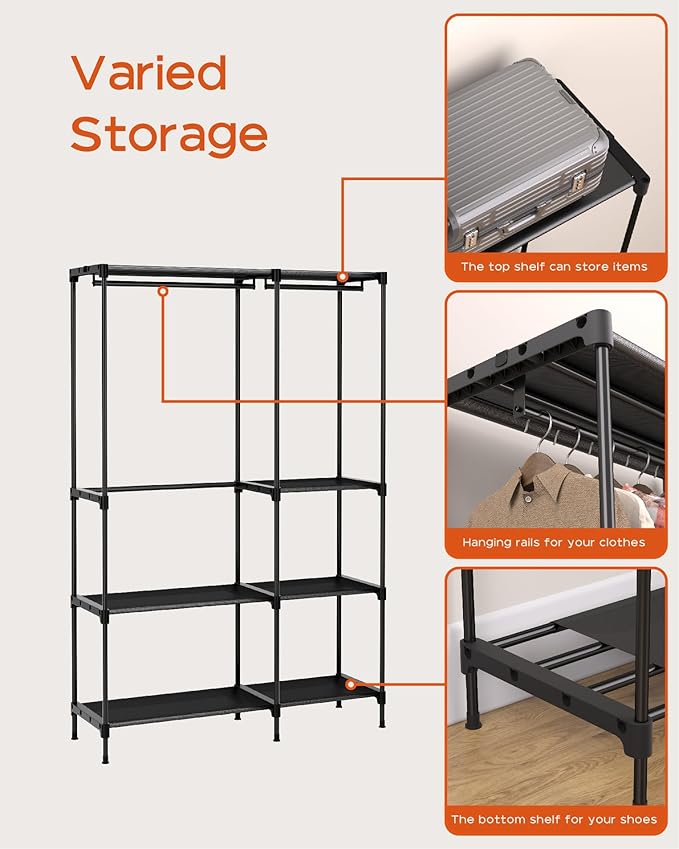 CASAMAYA Clothes Rack, Portable Closet, 44.9 Inch Large Capacity Wardrobe Closet, Clothes Storage Organizer with Shelves and 