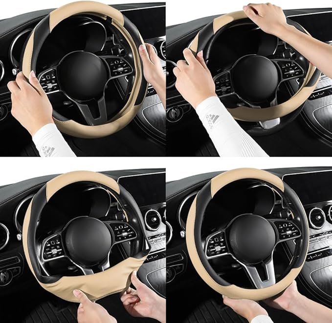 Car Steering Wheel Cover, Microfiber Leather Steering Wheel Cover Universal Fit 14.5-15 inch Anti-Slip Comfortable Breathable