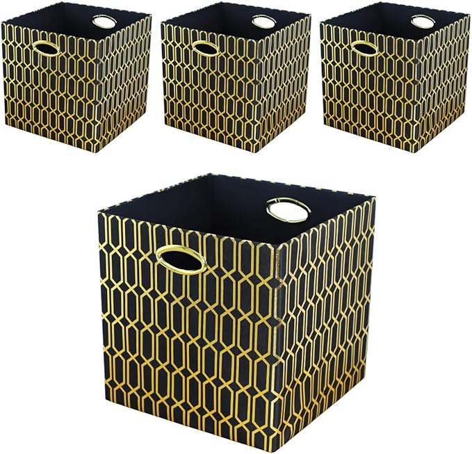 Posprica Storage Bins, Storage Cubes,13×13 Fabric Drawers Organizer Basket Boxes Containers (13×13×13/4pcs, Black/gold geomet