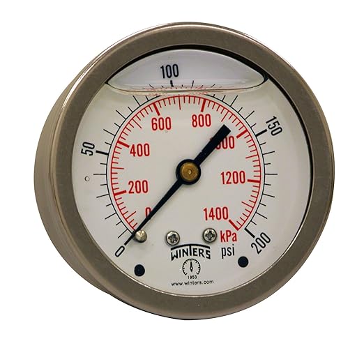 Winters 2-1/2" Dial Size, Liquid Filled Industrial Pressure Gauge, Brass Internals, 304 Stainless Steel Case, Dual Scale 0-200 psi/kPa, 1.5% Acc, 1/4" NPT Back Mount, Glycerin Filled Pressure Gauge