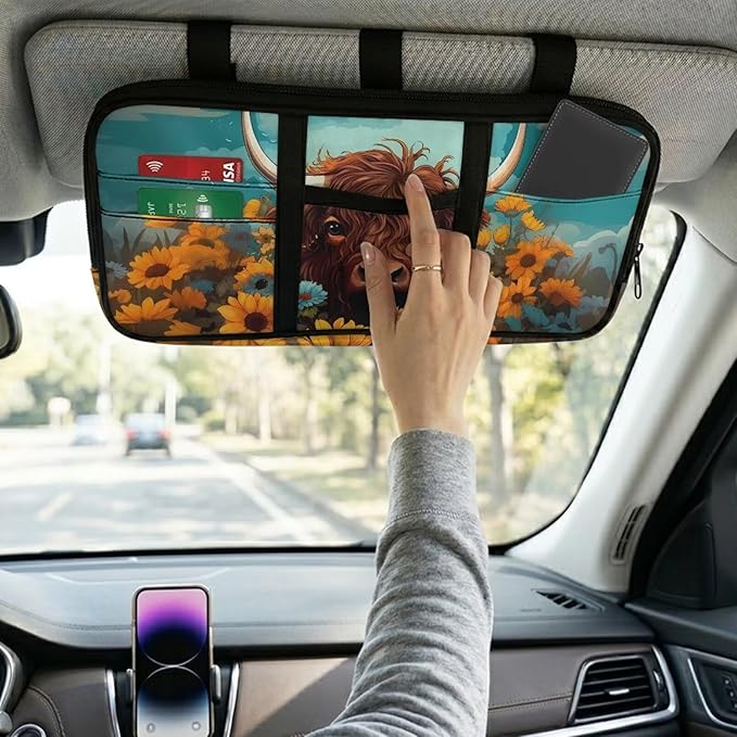 Sunflower Cow Car Sun Visor Organizer, Small Auto Visor Organizer and Storage, Registration and Document Holder, Vehicle Accessories for Sunglasses, Document, Card, Pen, Driver License