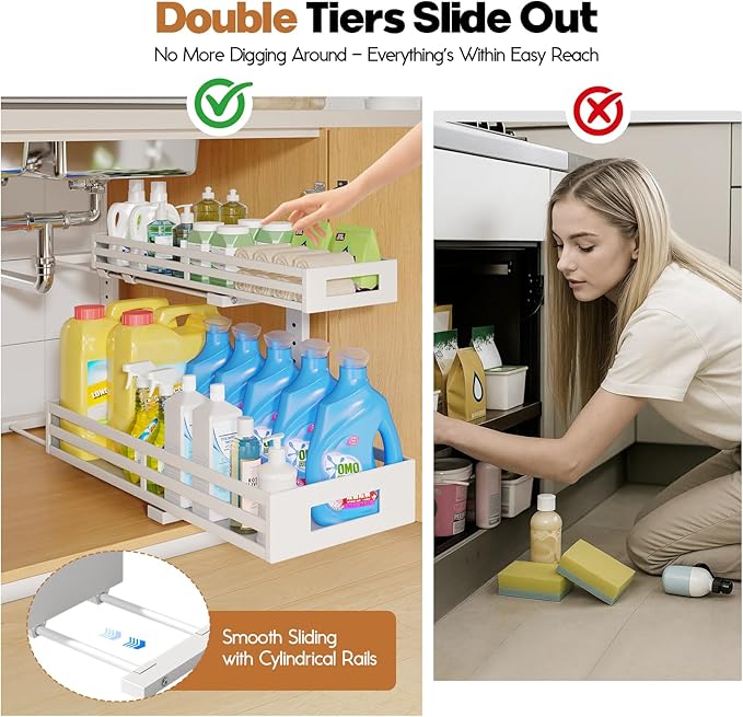 2-Pack 20.47"Deep Under Sink Organizer And Storage,2-Tier L-Shaped Pull Out Cabinet Organizer with Upgraded Slide Rails,Heigh