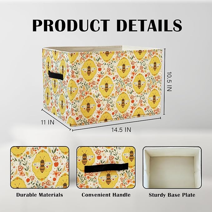 Rectangular Bees Florals Storage Basket Organizer Bins With Handles,Cute Collapsible Flower Nursery Storage Bin Rectangle Con