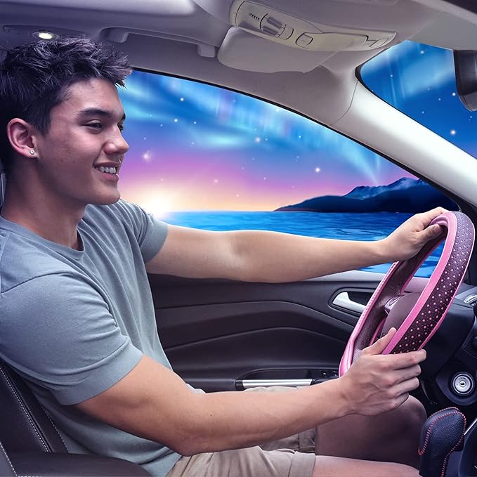 CAR-GRAND Leather Steering Wheel Cover, Double Layers with Piping Stars Design, Universal 14.5-15 Inch Anti-Slip Odorless Car