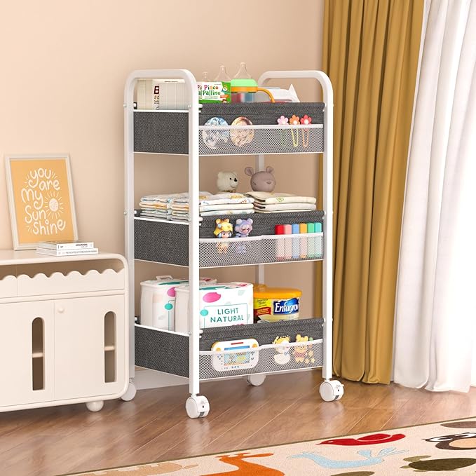 Baby Diaper Caddy Rolling Utility Cart, 3 Tier Baby Essentials Nursery Organizer and Storage with Dividers and Drawers for Cr