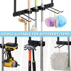 Broom Holder Door Mount,Door Mounted Broom and Mop Holder with Dual Tool Hooks, Three Slots, and One Tool Storage Basket For 