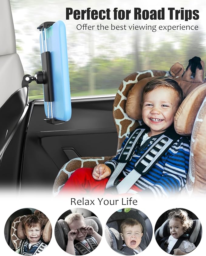 Tesla Back Seat Tablet Mount for Model 3/Y, [Anti-Drop] Tesla Headrest iPad Holder with 360° Adjustable Road Trip Essentials for Kids Fits All 4.7-12.9'' Devices