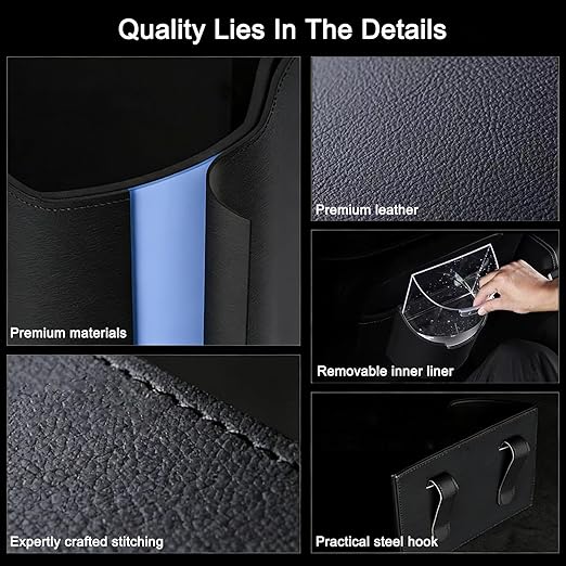 Car Trash Can, Leakproof Automotive Garbage Can with Removable Waterproof Liner, Small Trash Container for Car Door, Seat Back, Console, Multipurpose Organizer for Vehicle Home Office (Black)