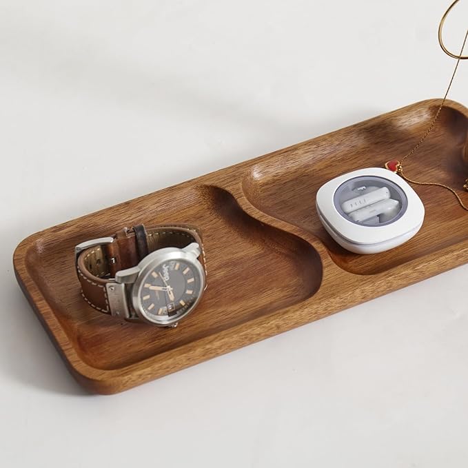 Solid Acacia Wood Key Tray and Bowl for Entryway Table - Jewelry Tray With 3 Hooks, Open Storage for Wallet, Glasses, Watches