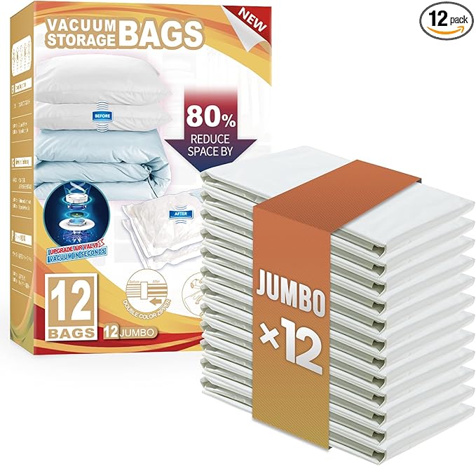 TAILI 12 Pack Vacuum Storage Bags, Jumbo Vacuum Seal Bags for Clothing (40x31 Inch), Space Saver for Bulky Comforter Blankets