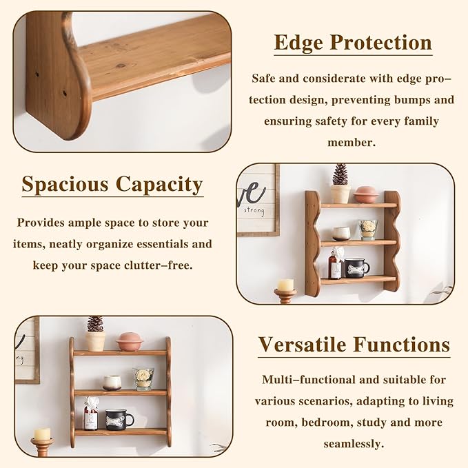 Solid Wood Wall Shelf 3-Tier,Round Foot Stool,Small Pouf Ottoman with Natural Rattan, Boho Footrest Wooden Stool for Couch,Ru