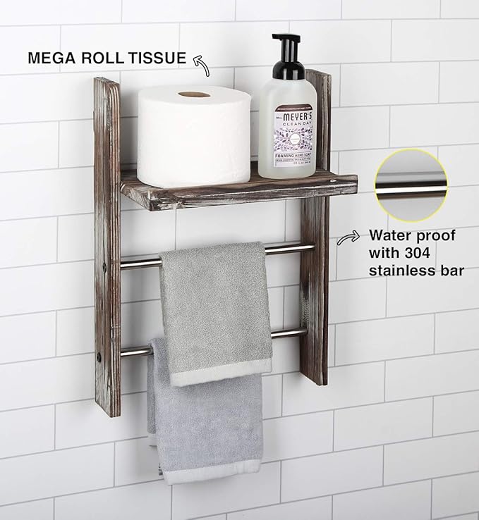 J JACKCUBE DESIGN Rustic Wood Wall Mount Towel Rack with Shelf, Blanket Ladder for Bathroom, Kitchen Hand Towels Holder, Stai