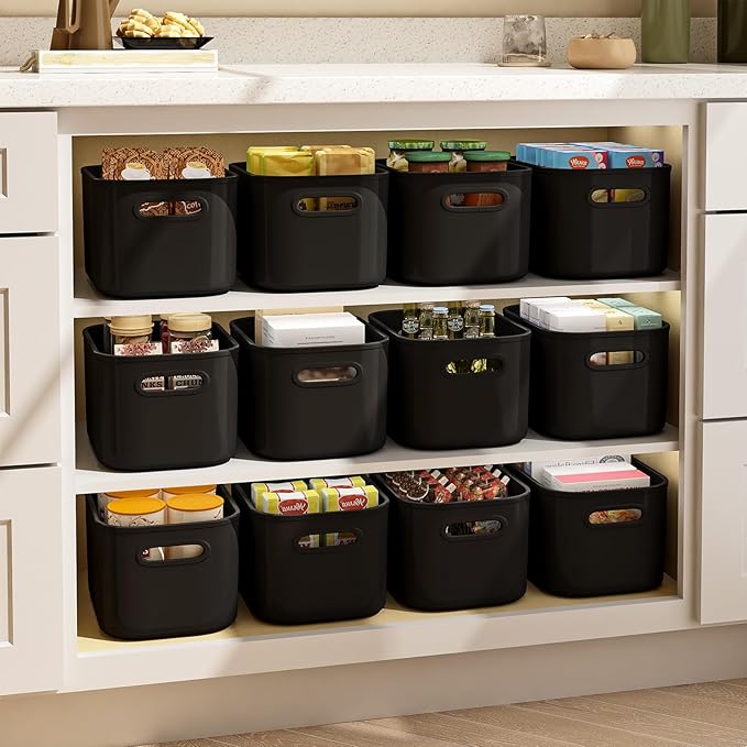 6 Pack Black Storage Bins with Lids for Shelves, Plastic Storage Containers with Lids for Organizing, Stackable Storage Boxes