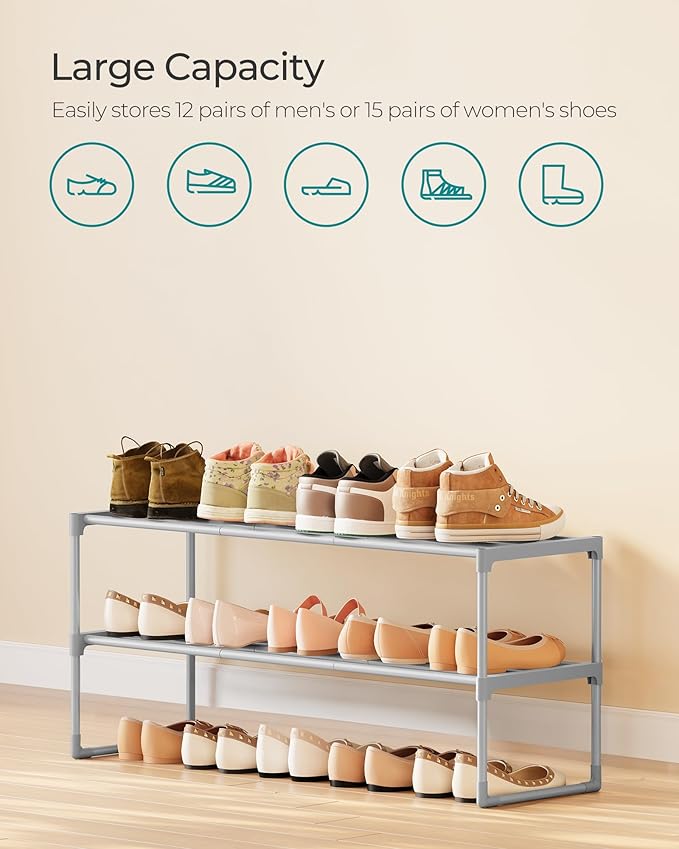 SONGMICS Shoe Rack, 2-Tier Shoe Organizer, Metal Storage Shelf, Upright or Upside Down, for 12-15 Pairs, Stackable, for Entry