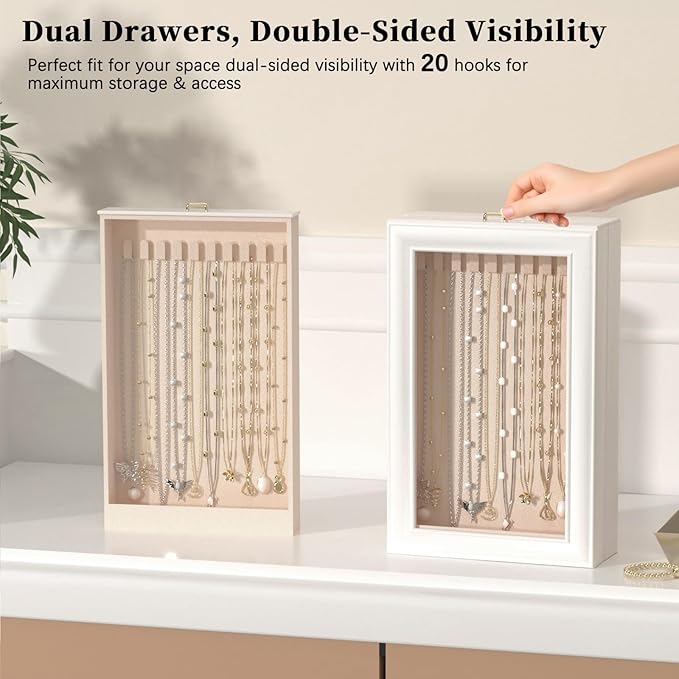 Necklace Organizer Box - 2-Layer Double-Sided Clear Lid Jewelry Storage Case, Anti-Tangle Necklaces Display Holder for Pendan