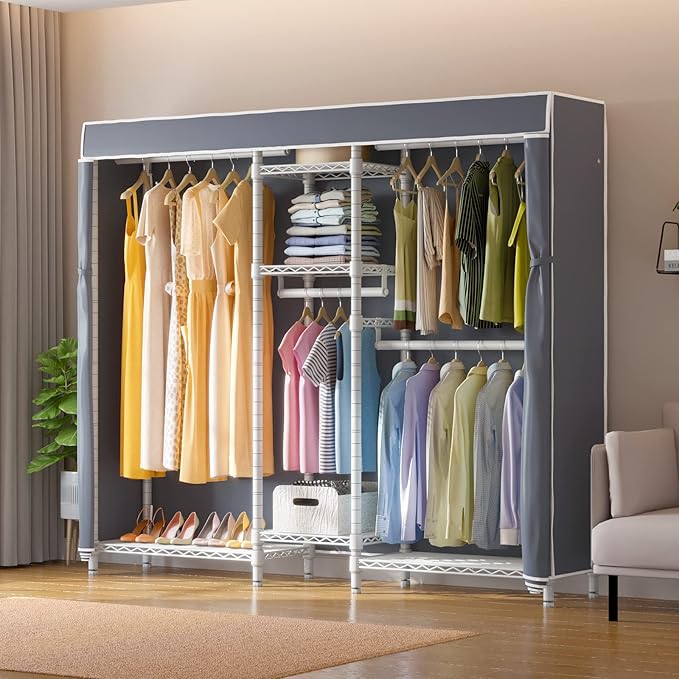 VIPEK Classic V6C Heavy Duty Covered Clothes Rack Portable Wardrobe Closet, 5 Tiers Wire Garment Rack White Metal Clothing Ra
