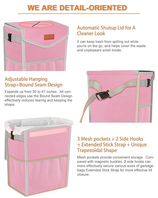 Car Trash Can with Lid, Cute Leakproof Car Trash Garbage Bag Hanging Vehicle Trash Bin Small Portable Automotive Garbage Cans Organizer for Back/Front Seat/Console(2.8 gal,Pink