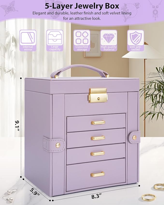 AKOZLIN 5-Tier Jewelry Box Leather Jewelry Storage Organizer with 4 Drawers Lockable for Women Girls Ring Necklace Earring Br