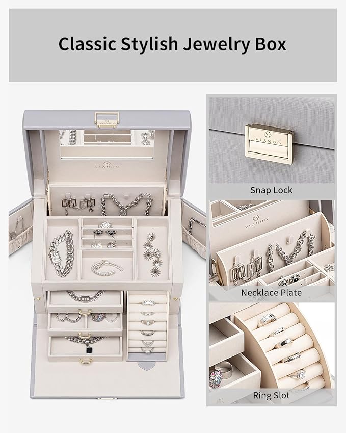 Vlando Jewelry Box Organizer for Girls Women, Large Baroque Jewelry Holder Organizer with Mirror, 3 Drawers for Bracelets, Ea