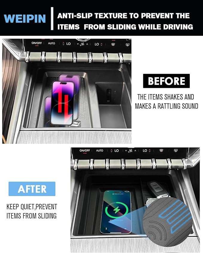 for 2Pcs Center Console Organizer Tray ABS Materials& TPE Wirless Mats Storage Box Compatible with 2024-2026 GMC Acadia (Elevation/AT4) - Only Compatible with Console Without Cover