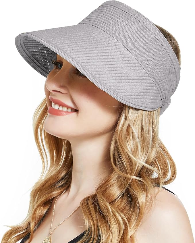 Sun Visor Hat for Women, Wide Brim Straw Summer UV Protection Hat, Foldable Roll-up Packable Beach Cap
