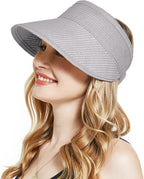 Sun Visor Hat for Women, Wide Brim Straw Summer UV Protection Hat, Foldable Roll-up Packable Beach Cap