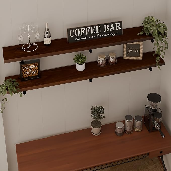 Industrial Pipe Wall Shelves - 60"" Warm Walnut Solid Wood, 12"" Deep Floating Shelving for Farmhouse Rustic Decor, Sturdy St