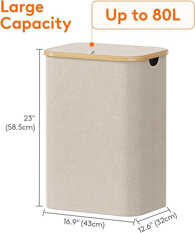Lifewit 80L Laundry Basket with Lid, Clothes Hampers for Laundry with Bamboo Handles and 1 Removable Bag, Large Foldable Laun