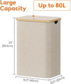 Lifewit 80L Laundry Basket with Lid, Clothes Hampers for Laundry with Bamboo Handles and 1 Removable Bag, Large Foldable Laun