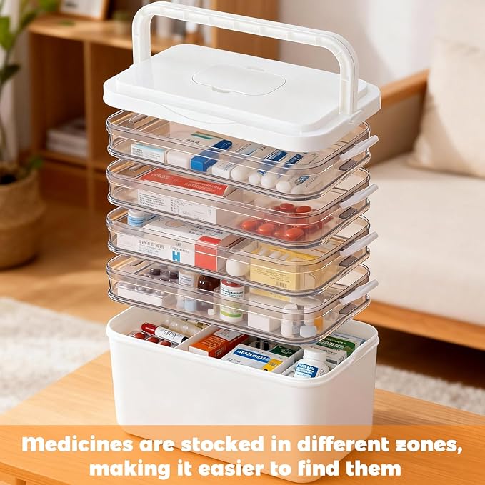 5-Tier Medicine Organizer-12 x 7 x 12.2 Inch Portable Medicine Cabinet Organizer with Plastic Handle All-Purpose Medical Box 