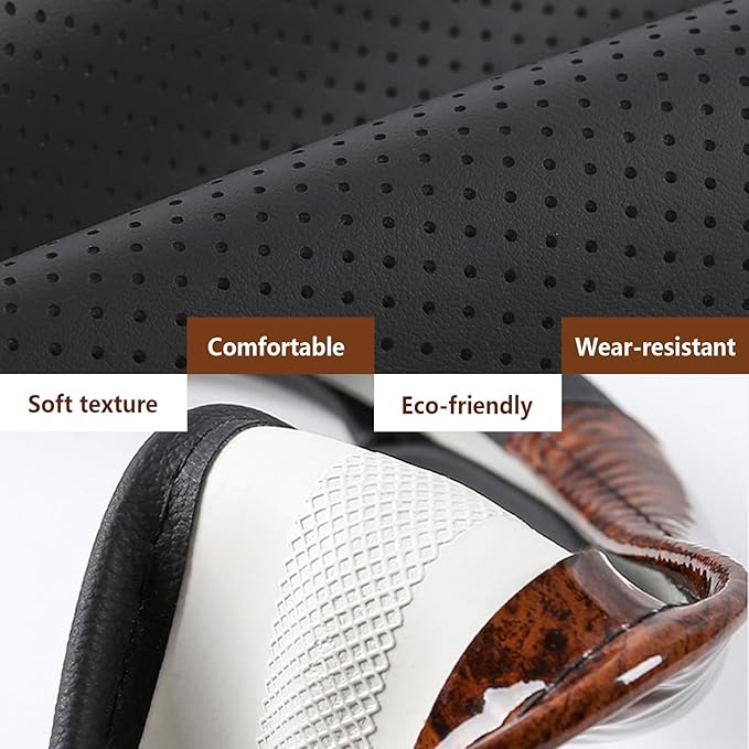 KAFEEK Wood Grain Steering Wheel Cover, Universal 15 Inch, Car Steering Wheel Protector Men Women, Comfort Finger Grips, Brea