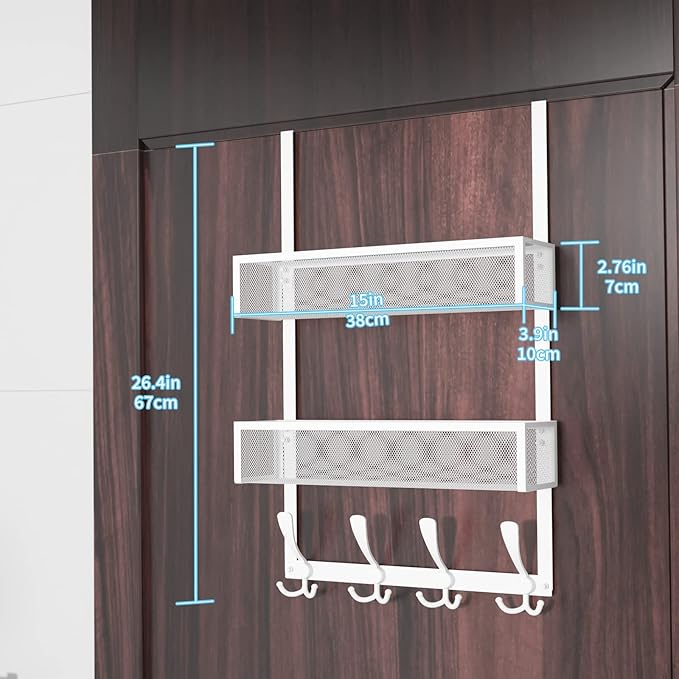 Kaiferty Over The Door Hooks Organizer,Coat Rack with 12 Hooks and 2 Mesh Baskets,Back of Door Storage Organizer for Bathroom