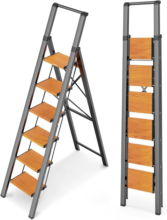 WOA WOA Step Ladder 6 Step Folding, Foldable Tall Ladder with Handrail, Aluminum Stepladder for High Ceilings, Lightweight, D