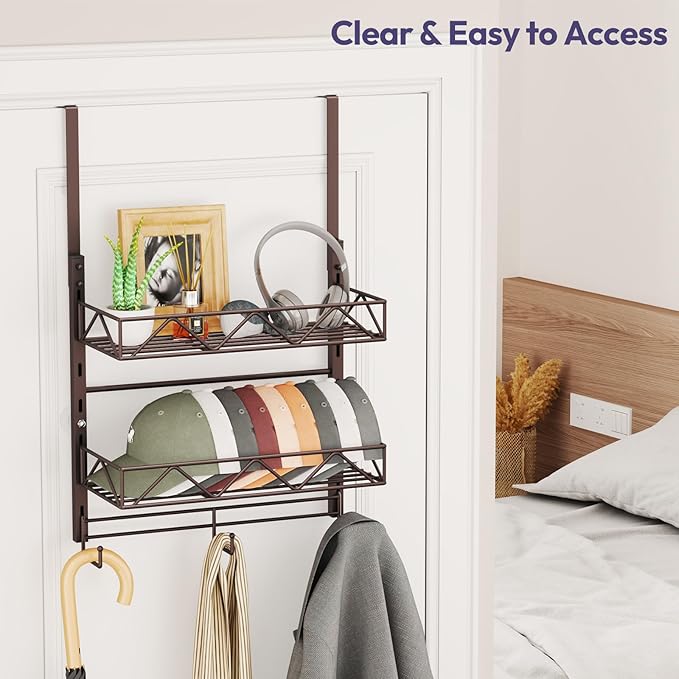 SWTYMIKI Over Door Hat Organizer - 3 Tier Wall Mounted Hat Rack with 2 Adjustable Metal Basket and 3 Hooks, Hanging Baseball 