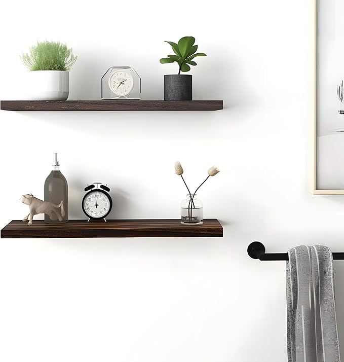 PHPH 24 Inch Wood Floating Shelves for Wall, Wooden Wall Shelves for Bedroom, Set of 4 Brown