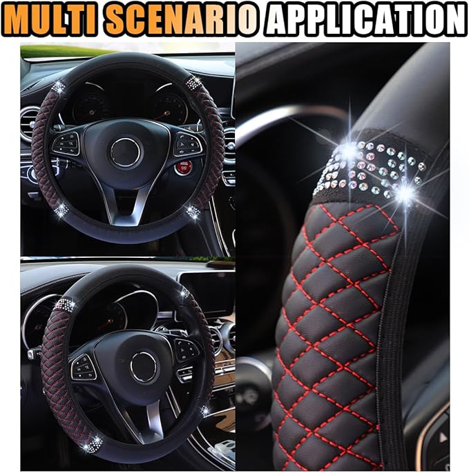 Bling Soft Leather Steering Wheel Cover, 15 Inch Colorful Rhinestones Auto Elastic Protector with Crystal Diamond for Women G