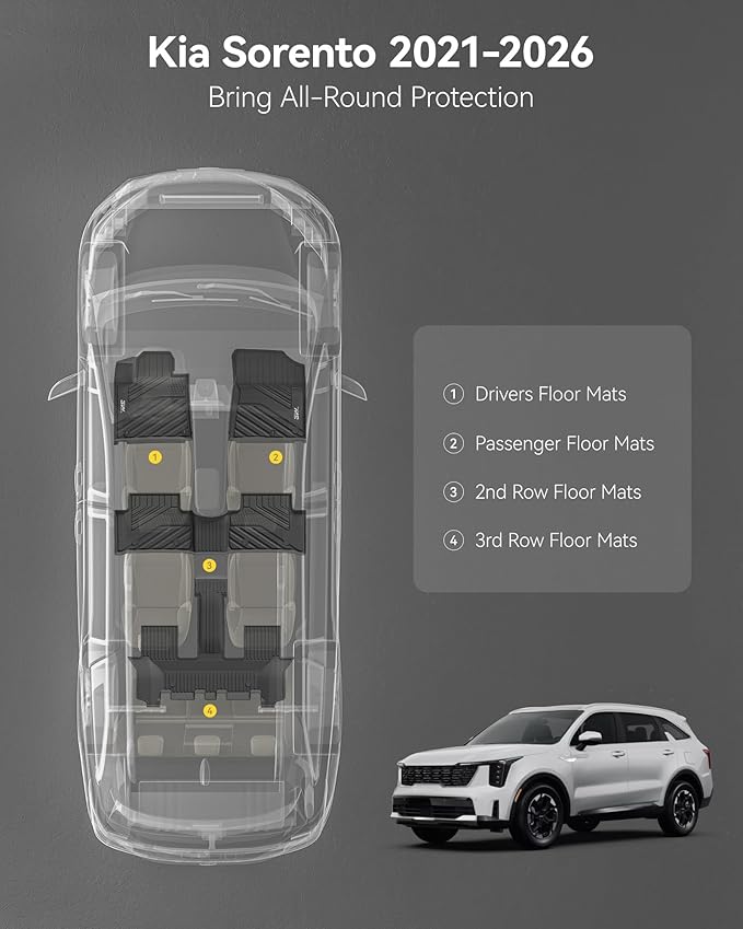 3W Floor Mats Compatible with Kia Sorento 6/7 Seats 2021-2025 2026(Not Fit for Hybrid & PHEV), TPE All Weather Protection Floor Mats Custom Fit 3 Rows Car Floor Liners Set Car Mats Acessoires, Black
