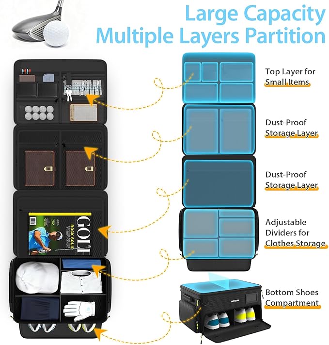 4-Layer Golf Trunk Organizer, Golfer Gifts for Men Women with Separate Ventilated Compartment for 2 Pairs Shoes, Waterproof