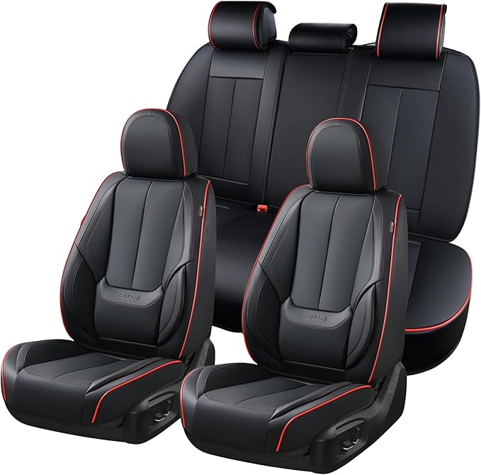 Coverado Car Seat Covers Full Set, Seat Covers for Cars, Black Car Seat Protector Waterproof, Nappa Leather Car Seat Cushion,