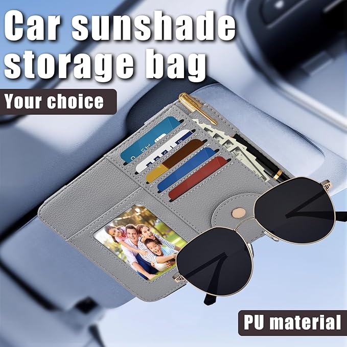 Visor Organizer, Grey Sunglass Holder For Car, Sunvisor Organizers with Multiple Pockets and Picture Frame, Essential Car Interior Accessories for Women and Men