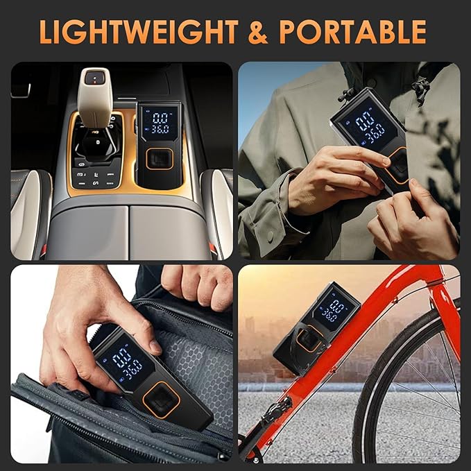 Tire Inflator Portable Air Compressor, 150PSI Cordless Air Pump For Car Tires, Bike Pump, Motorcycle, Balls, Portable Tire Inflator with Digital Pressure Gauge, 3X Fast Inflation, Auto Shut-off