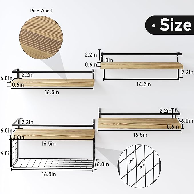 Wood Floating Shelves Wall Mounted - 4+1 Tier Rustic Bathroom Wall Shelves Over Toilet with Wire Storage Basket and Towel Bar