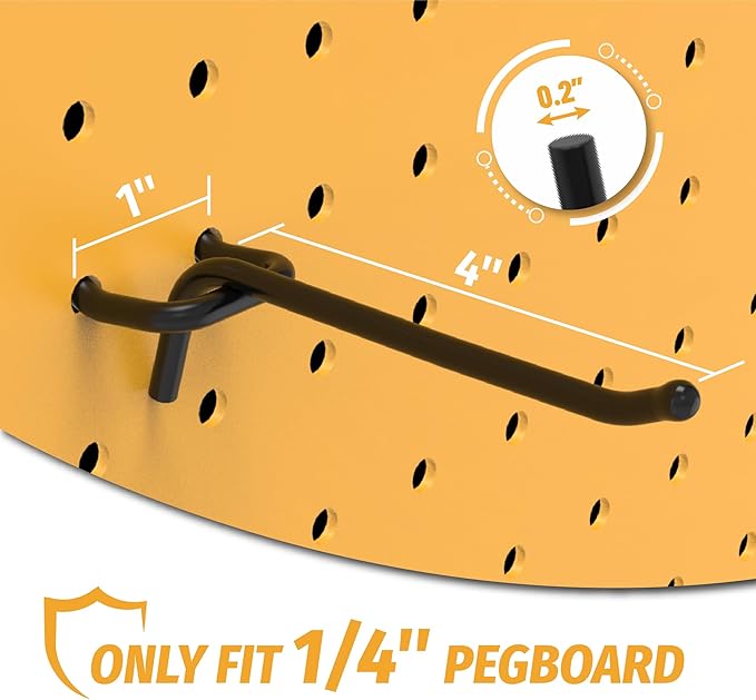 HUHOLE 25 Pack Black Pegboard Hooks 4 Inch – Heavy Duty Metal L-Hooks for 1/4" Peg Board – Garage Tool Organizer, Retail Disp
