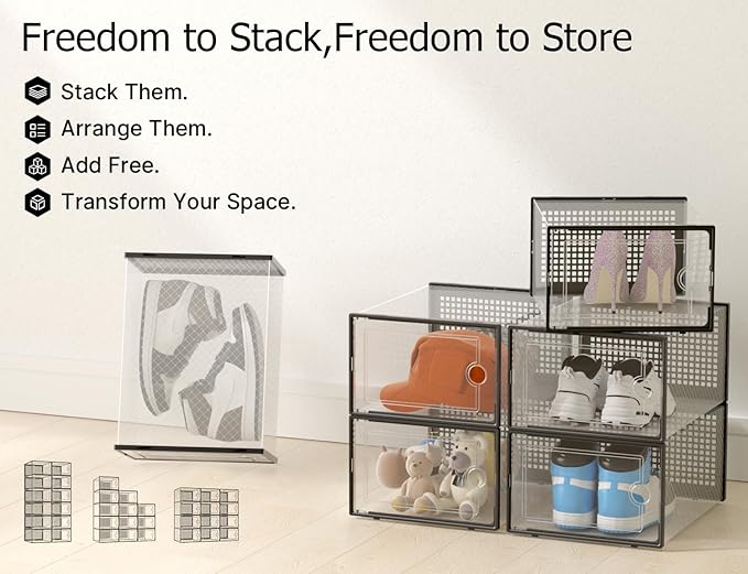 Kuject XXX-Large Shoe Storage Boxes Organizers Clear Plastic Stackable 12 Pack, Shoe Rack & Holder Substitute, Sneaker Contai