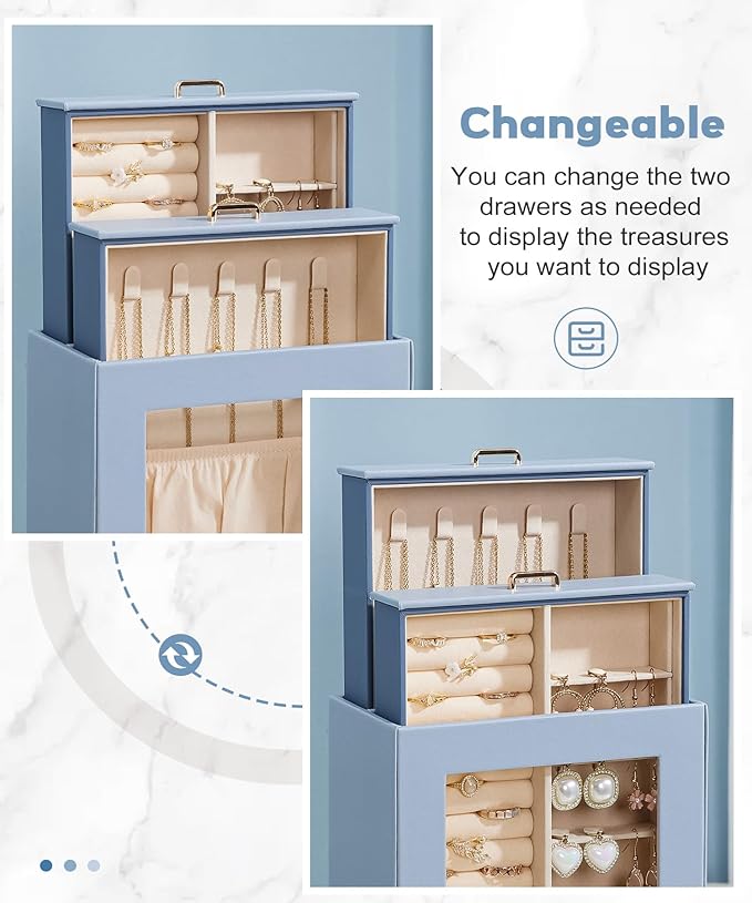 Homde Jewelry Organizer Girls Women Jewelry Box for Necklaces Rings Earrings Gift Bracelets Storage Case (Grey Blue + Gold)